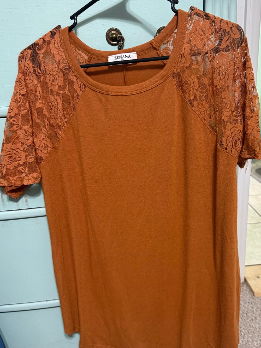 Zenana Outfitters Lace Raglan Sleeve Crewneck Top - Rust